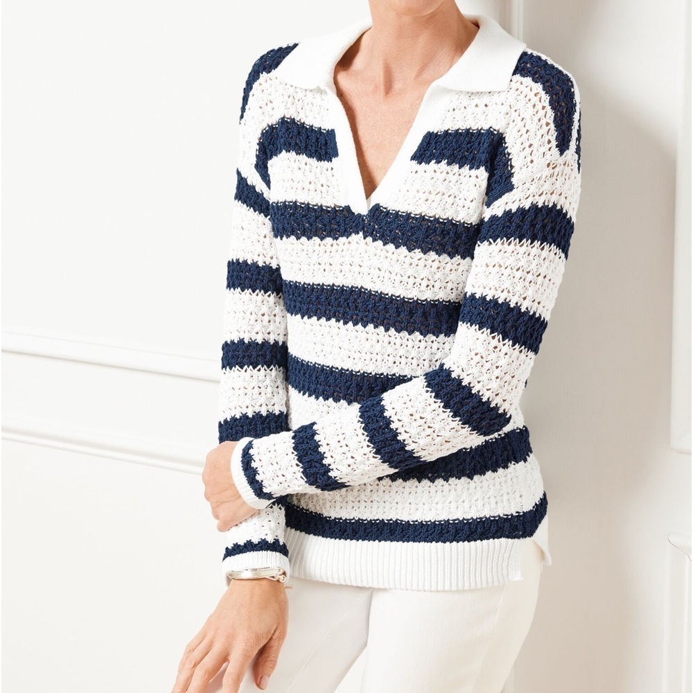 Talbots Open Knit Johnny Collar Pullover Striped Navy White XL Coastal Nautical